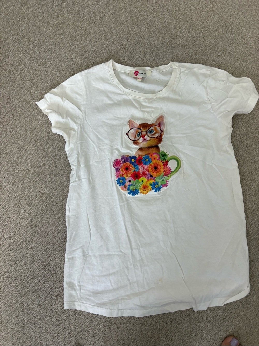 White Woman Tee with Cat in Flower Cup Graphic